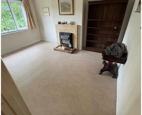 Living room Marmoleum installation Living room in Horley with mushroom Marmoleum flooring installed