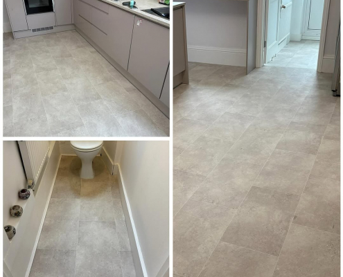 Stone grey cushion vinyl installation London flat kitchen and cloakroom with warm stone-effect cushion vinyl flooring installed