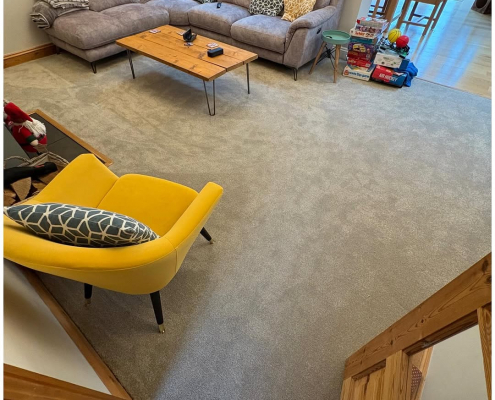 Living area grey carpet installation Open plan living area in Redhill fitted with soft grey easy clean carpet