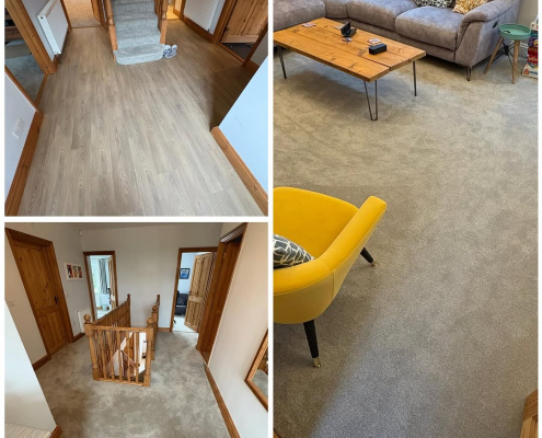 Oak LVT and grey carpet installation Surrey home with smoked oak LVT and soft grey carpet installed throughout