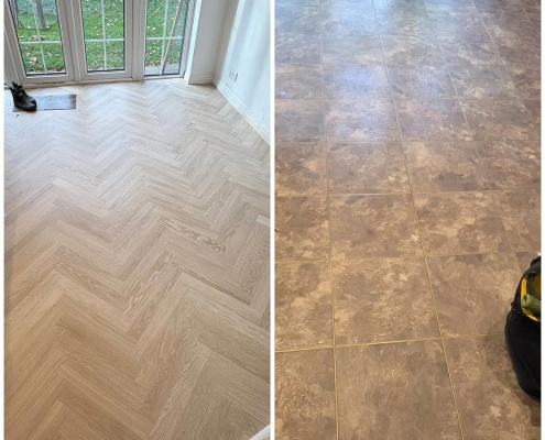 Kitchen before and after oak herringbone LVT installation Redhill kitchen showing before and after installation of oak herringbone LVT flooring