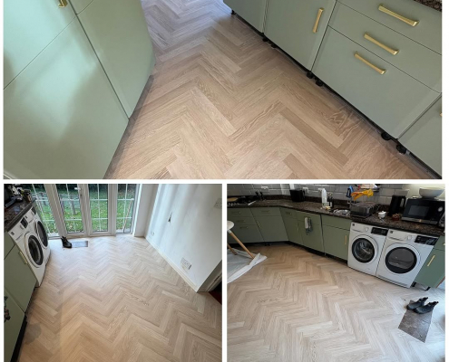 Kitchen light oak herringbone LVT full installation Redhill kitchen featuring oak herringbone LVT flooring throughout