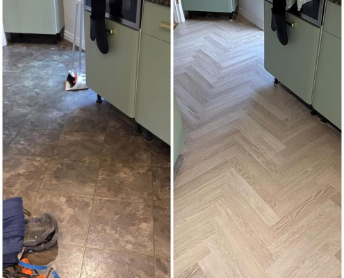 Kitchen before and after light oak herringbone LVT installation Close-up of oak herringbone LVT flooring before and after installation in Redhill