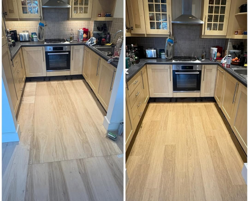 Kitchen warm oak LVT installation before and after Redhill kitchen with plywood subfloor and newly installed oak-effect LVT flooring