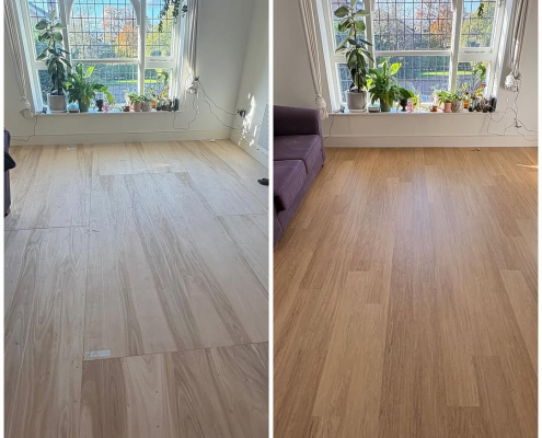 Living room warm oak LVT flooring installation before and after Bright living room in Redhill showing plywood subfloor next to finished oak LVT flooring